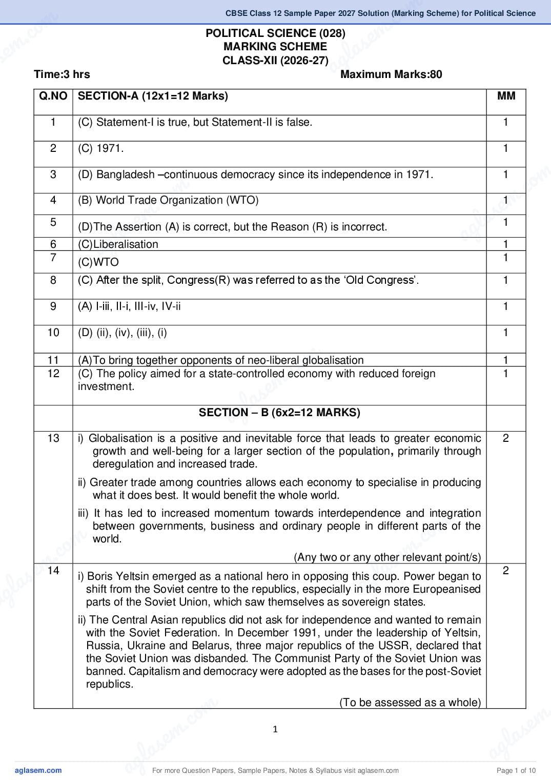 CBSE Class 12 Sample Paper 2027 Solution (Marking Scheme) for Political Science - Page 1 of 10