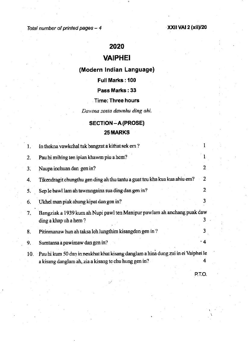Manipur Board Class 12 Question Paper 2020 for Vaiphei - Page 1