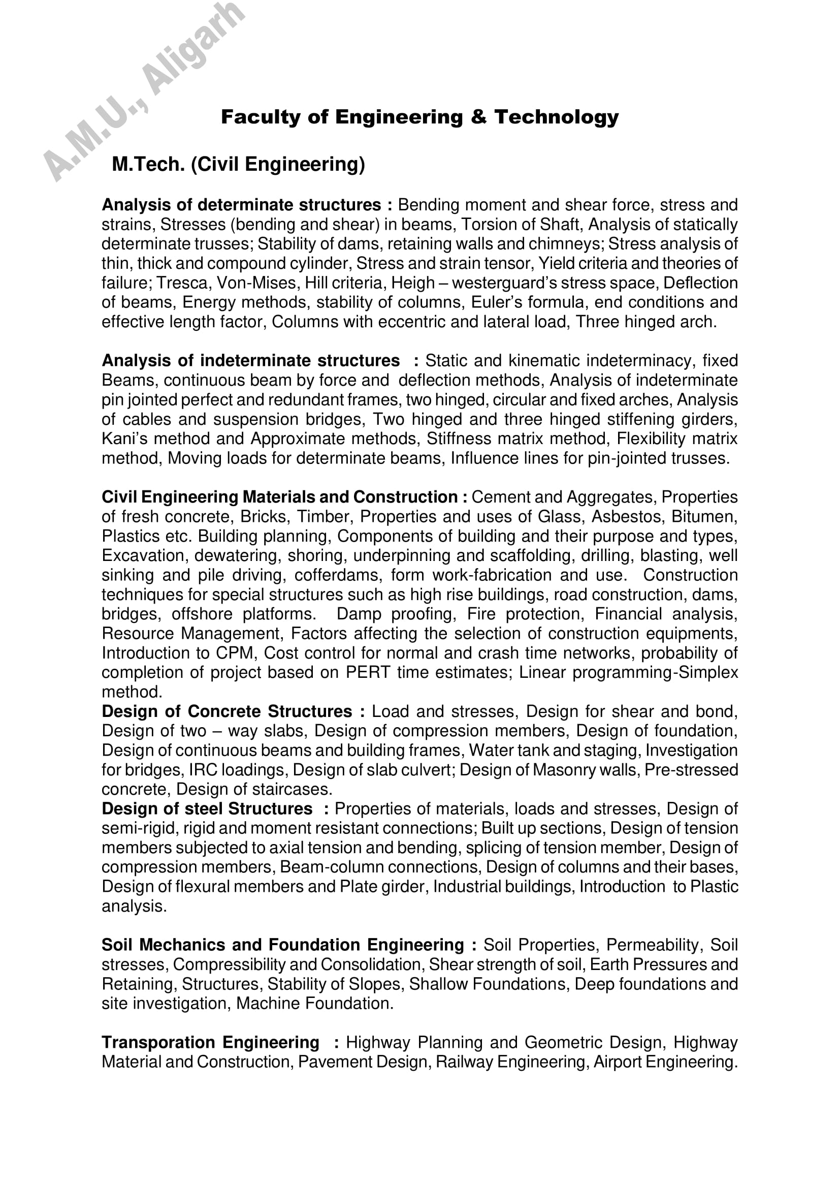 AMU Entrance Exam Syllabus for M.Tech Civil - Page 1