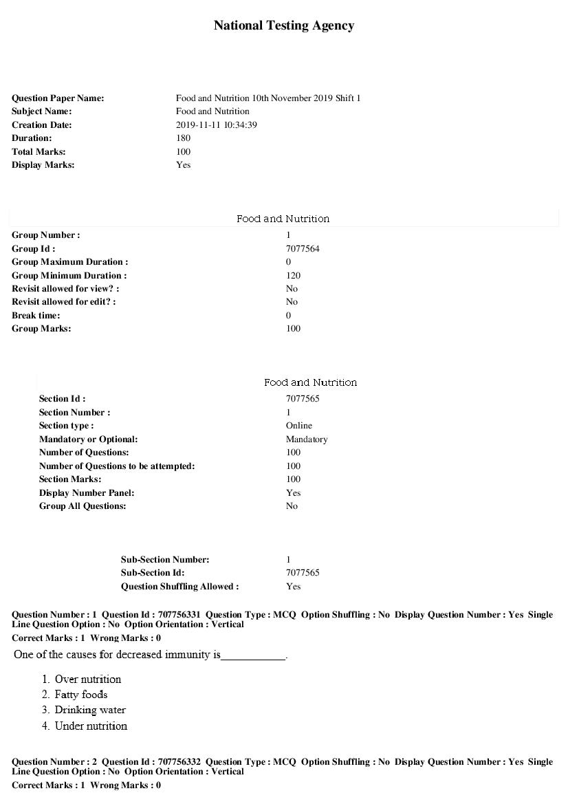 SWAYAM 2019 Question Paper Food and Nutrition Shift 1 - Page 1 of 21