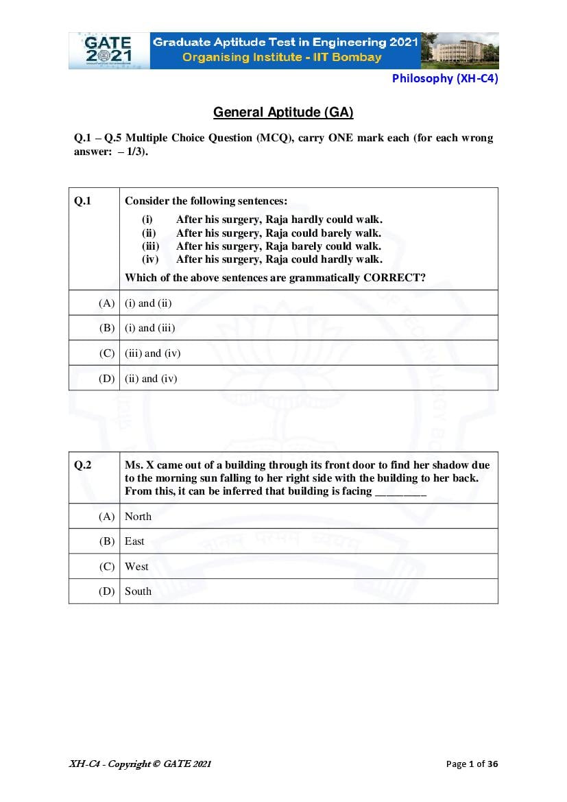 GATE 2021 Question Paper XH C4 Humanities and Social Sciences - Philosophy - Page 1