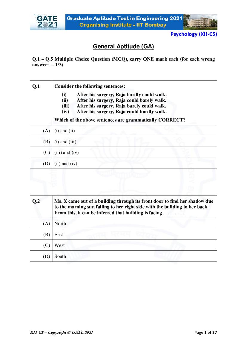 GATE 2021 Question Paper XH C5 Humanities and Social Sciences - Psychology - Page 1