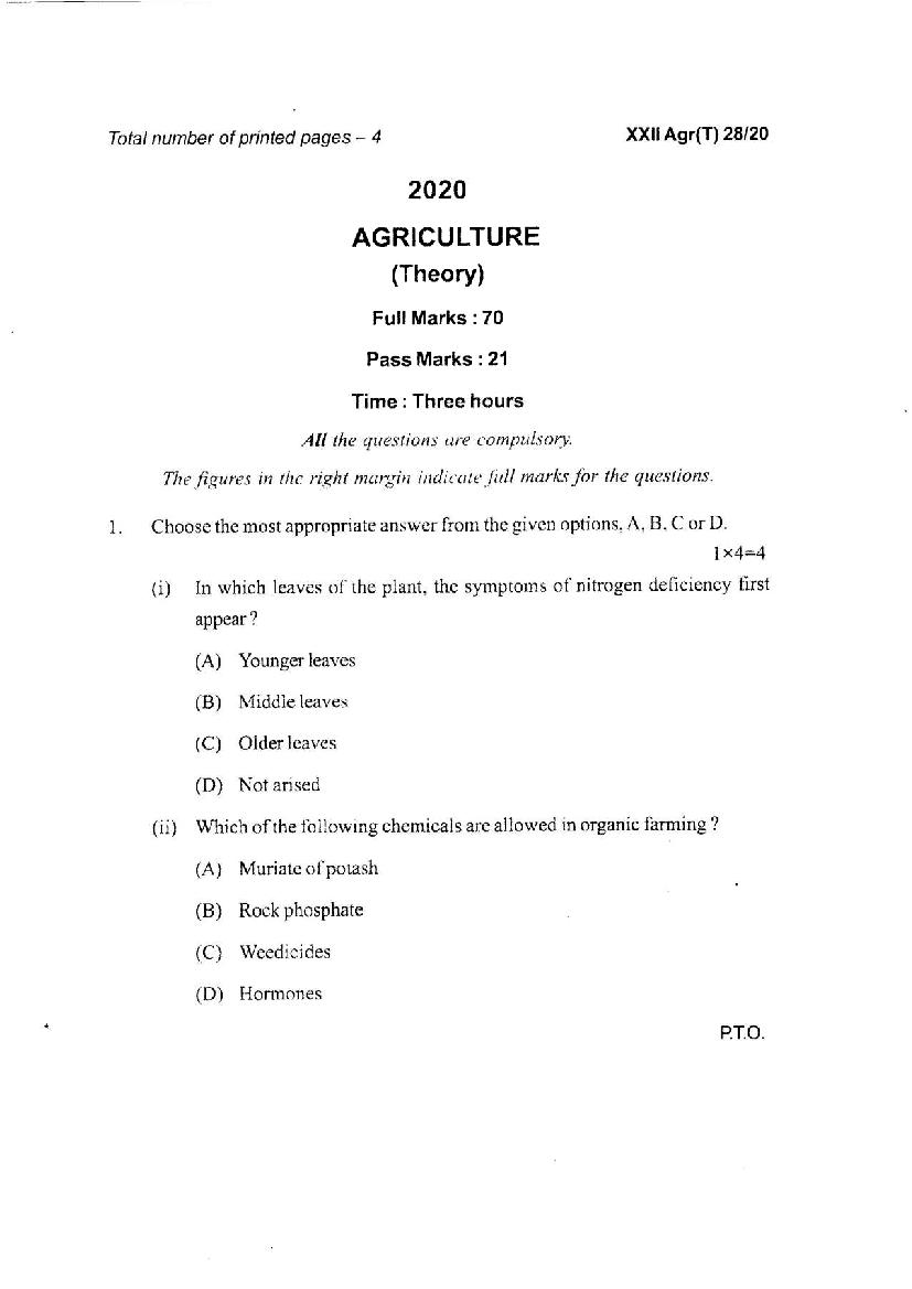 Manipur Board Class 12 Question Paper 2020 for Agriculture - Page 1