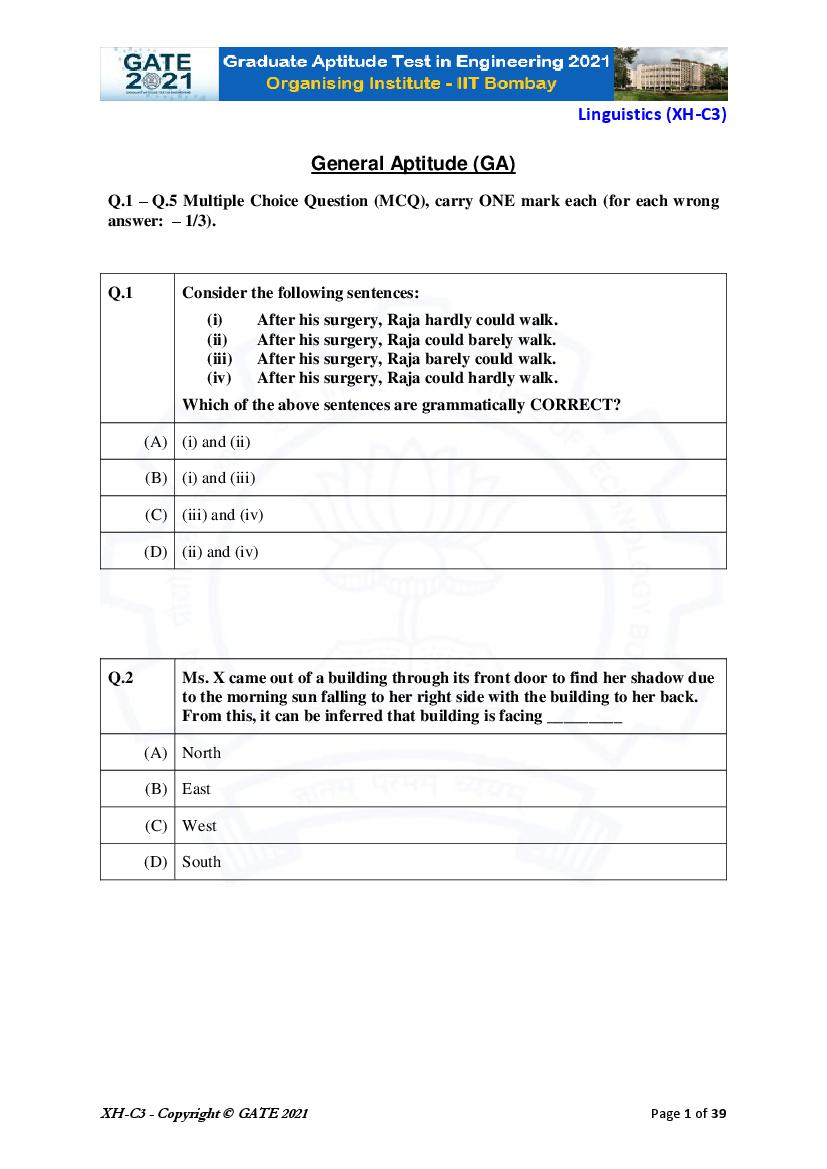 GATE 2021 Question Paper XH C3 Humanities and Social Sciences - Linguistics - Page 1