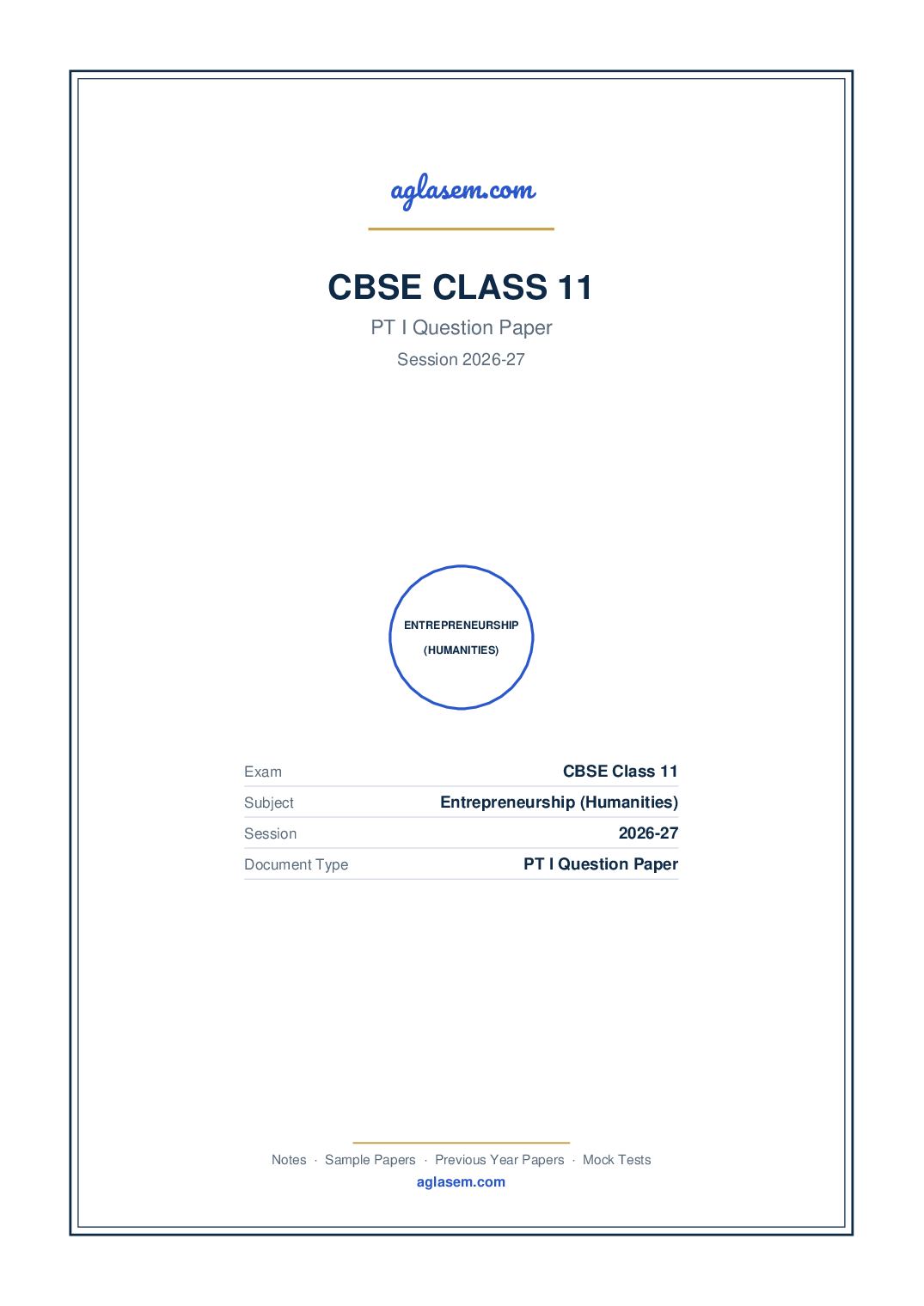 Class 11 PT I Question Paper 2026-27 Entrepreneurship (Humanities) - Page 1 of 3