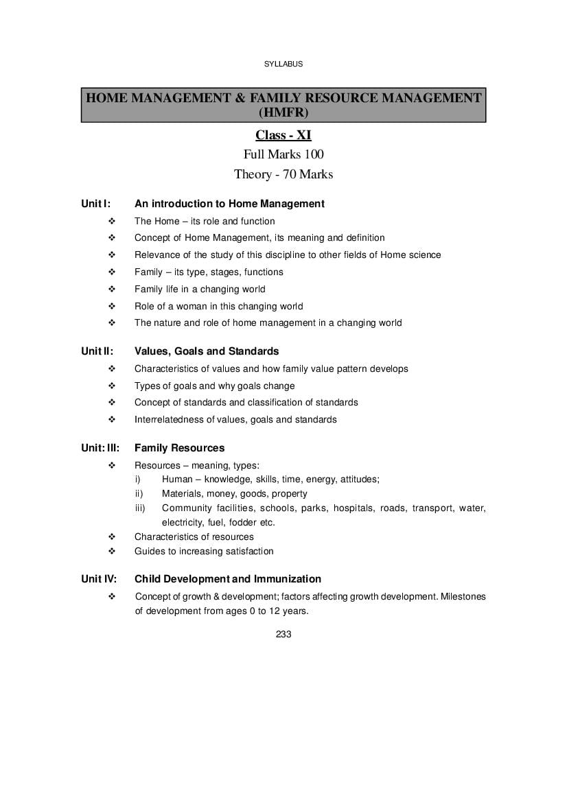 WBCHSE Class 11 Syllabus for Home Management and Family Resources - Page 1