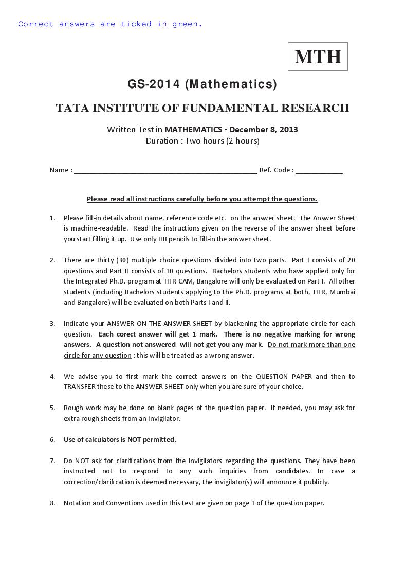 TIFR GS 2014 Question Paper Mathematics - Page 1 of 11