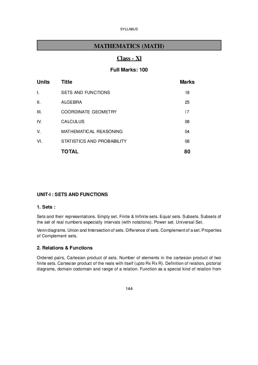 WBCHSE Class 11 Syllabus for Maths - Page 1