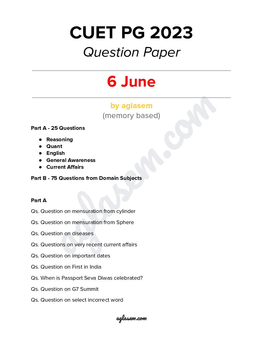 CUET PG 2023 Question Paper (PDF) - Download Here - AglaSem Admission