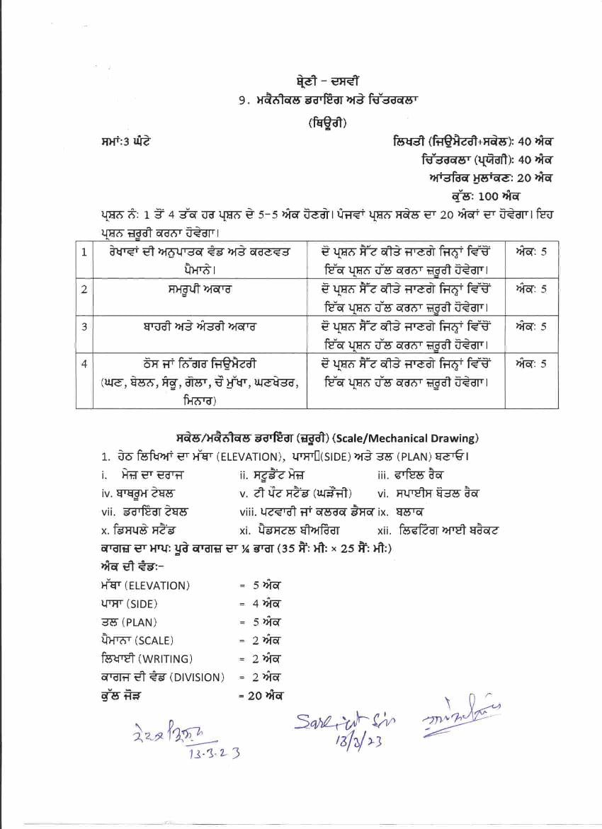 PSEB Class 10 Mechanical Drawing and Chitrakala Syllabus (PDF)