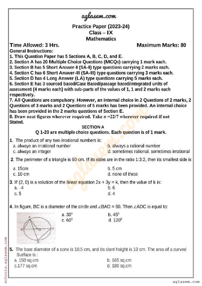 Class 9 Maths Sample Paper 2024 PDF Download Self Study Practice 