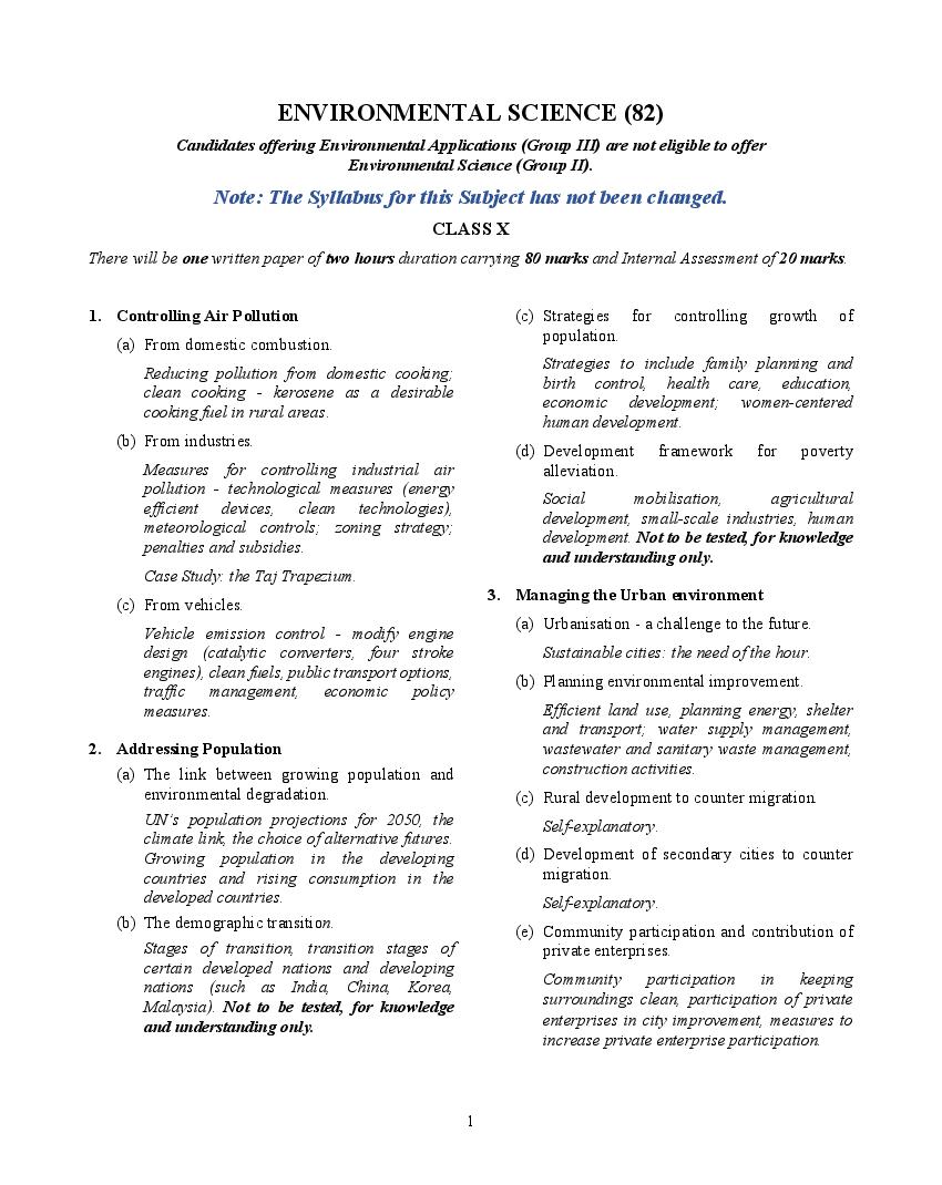 ICSE Class 10 Syllabus 2023 Environmental Science (Revised) - Page 1