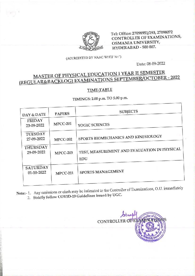 Osmania University time table for M.P.Ed Regular, Backlog & Improvement