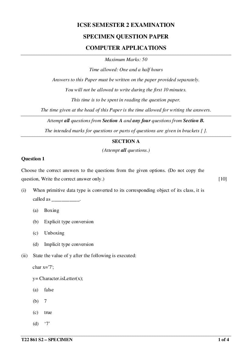 ICSE Class 10 Specimen Paper 2022 Computer Application Semester 2 - Page 1