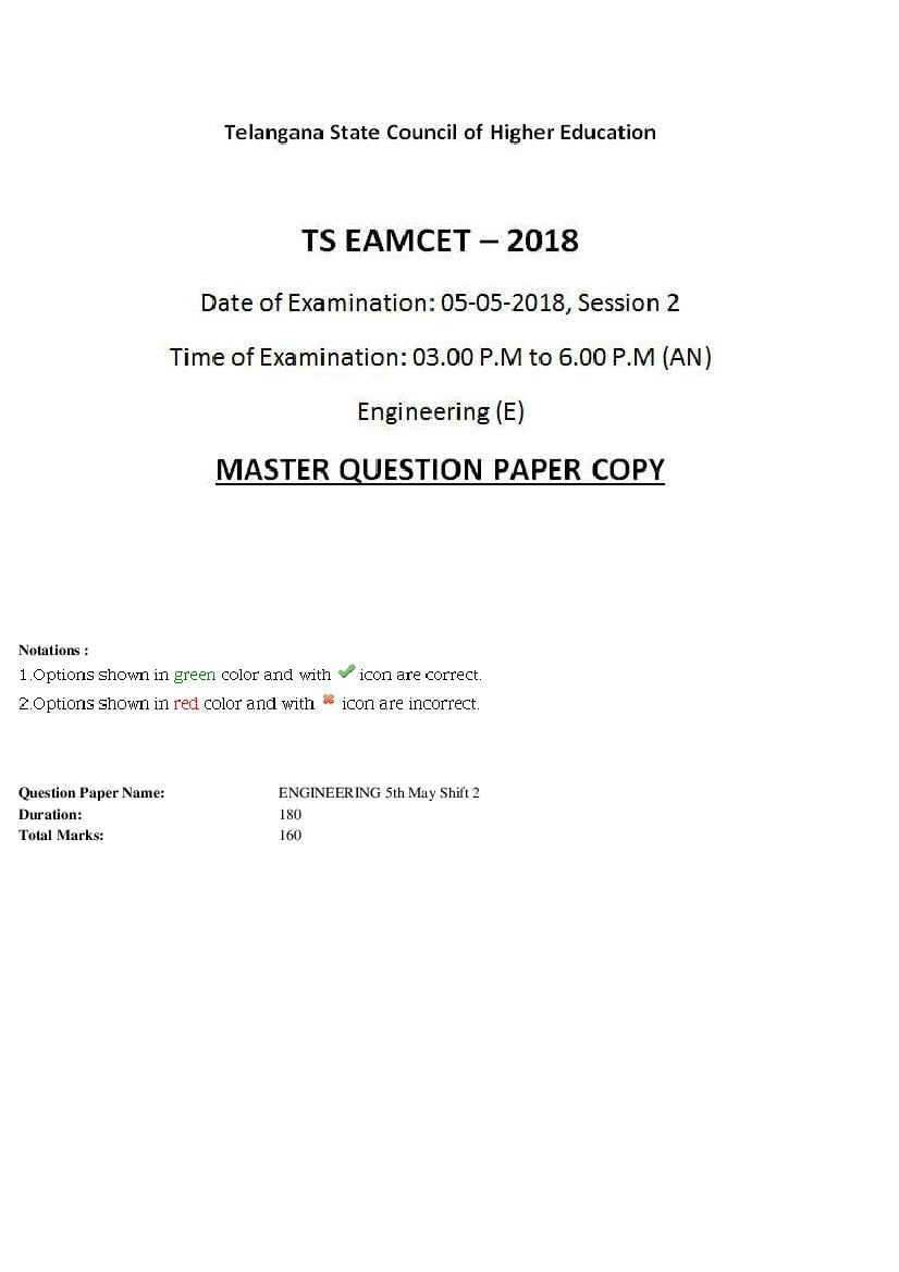 TS EAMCET 2018 Question Paper Engineering 5 May Shift 2 - Page 1