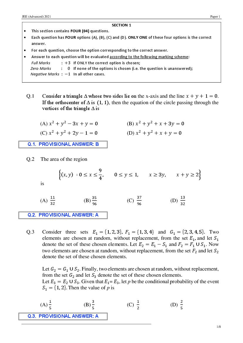 JEE Advanced 2021 Provisional Answer Key Paper 1 Mathematics - Page 1