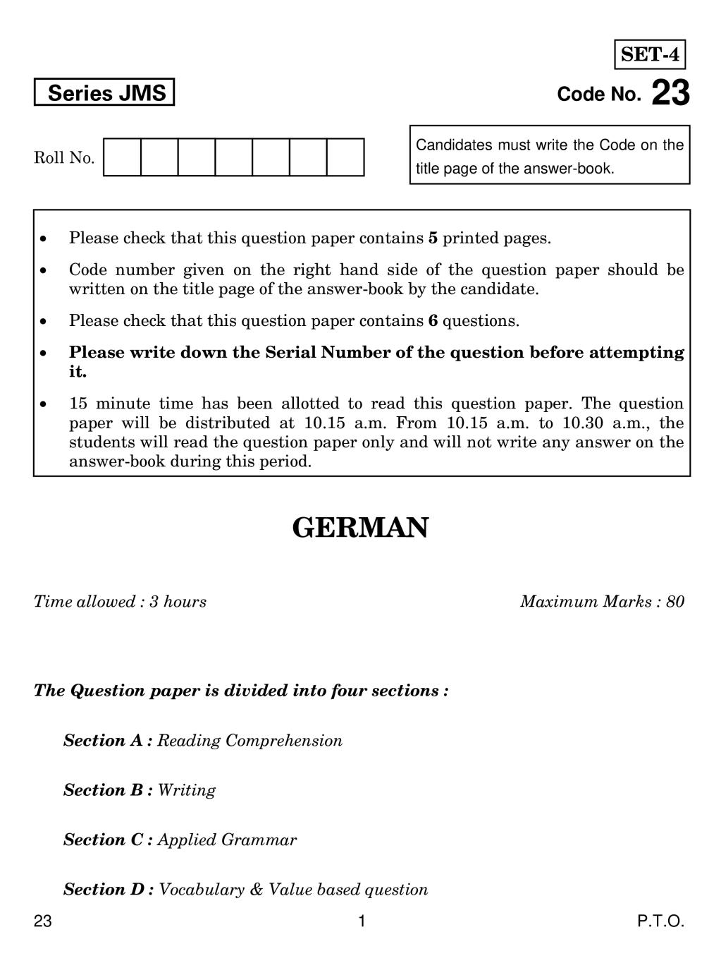 CBSE Class 10 German Question Paper 2019 - Page 1