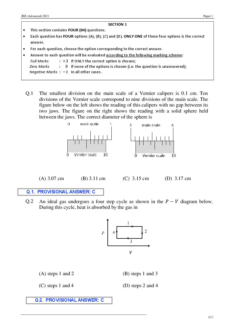 JEE Advanced 2021 Provisional Answer Key Paper 1 Physics - Page 1