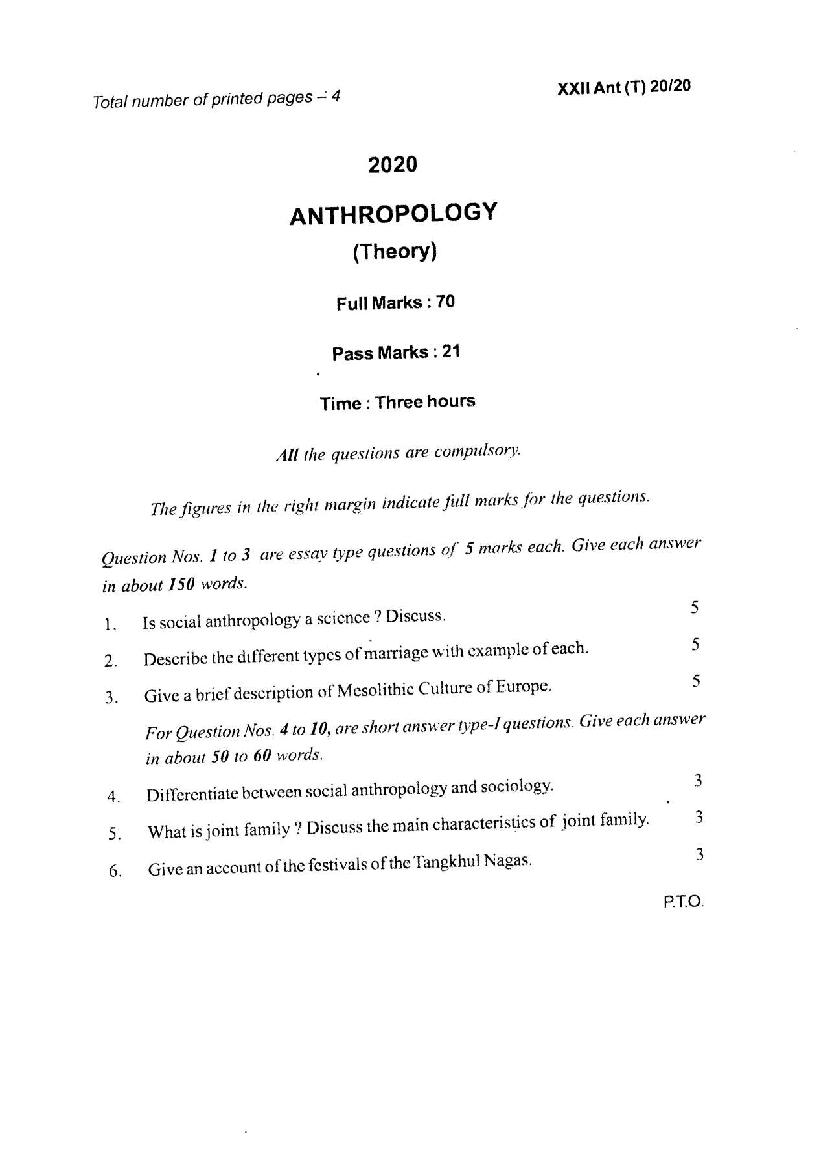 Manipur Board Class 12 Question Paper 2020 for Anthropology - Page 1