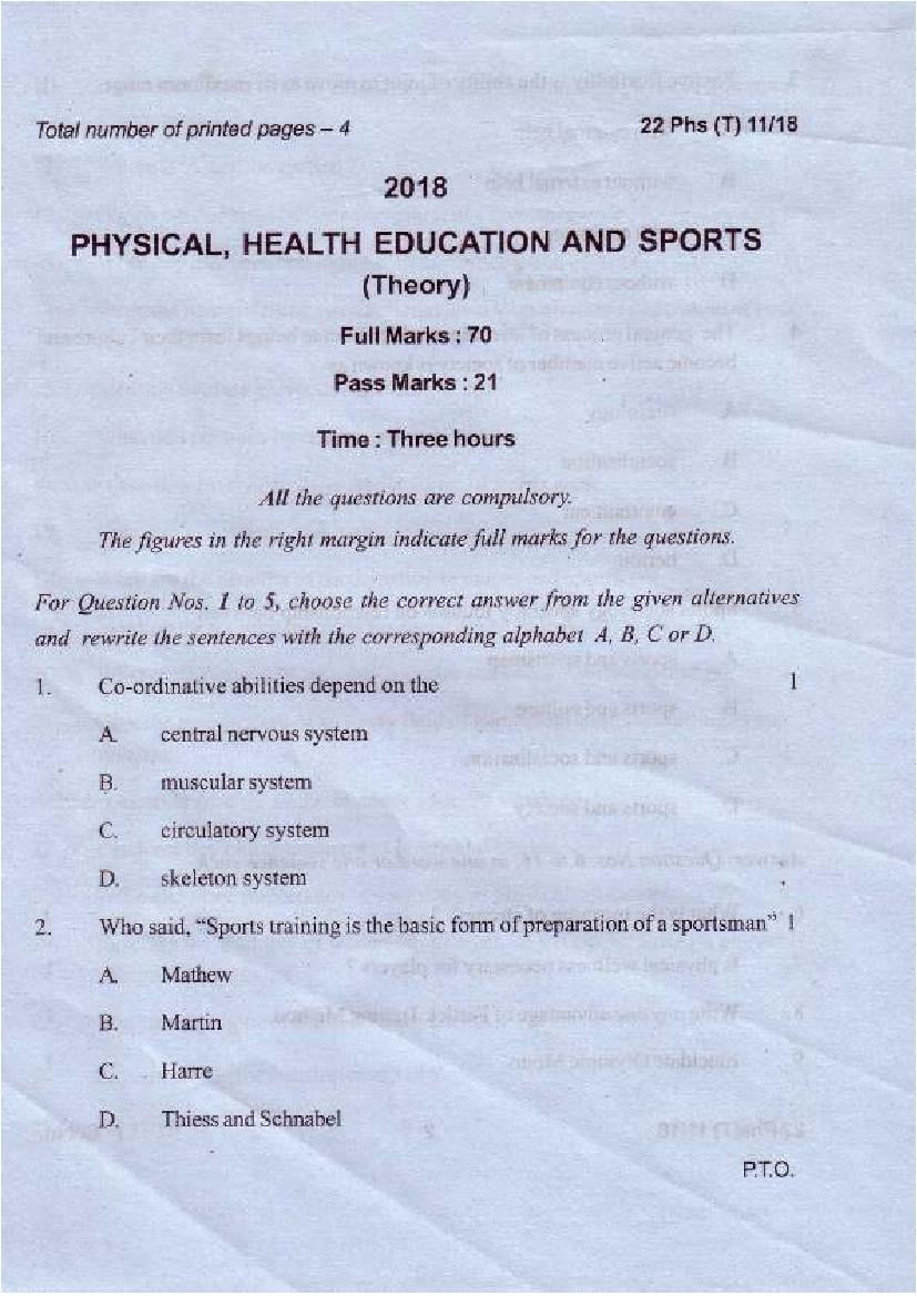 Manipur Board Class 12 Question Paper 2018 for Physical, Health Educaton and Sports - Page 1