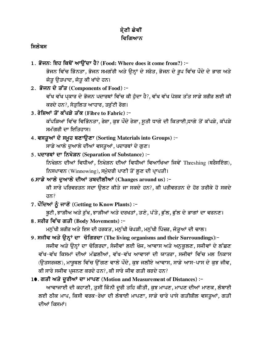 PSEB Syllabus 2021-22 for Class 6 Science - Page 1