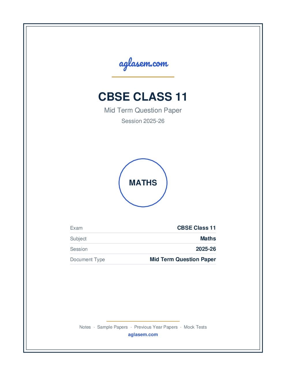 Class 11 Mid Term Question Paper 2025-26 Maths - Page 1 of 6