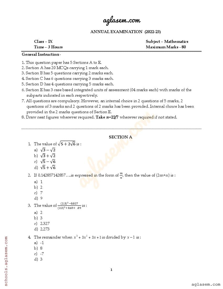 Class 9 Maths Question Paper 2023 (pdf) - 9th Annual Exam Maths 