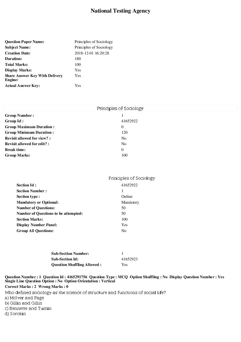 SWAYAM 2018 Question Paper Principles of Sociology - Page 1 of 9