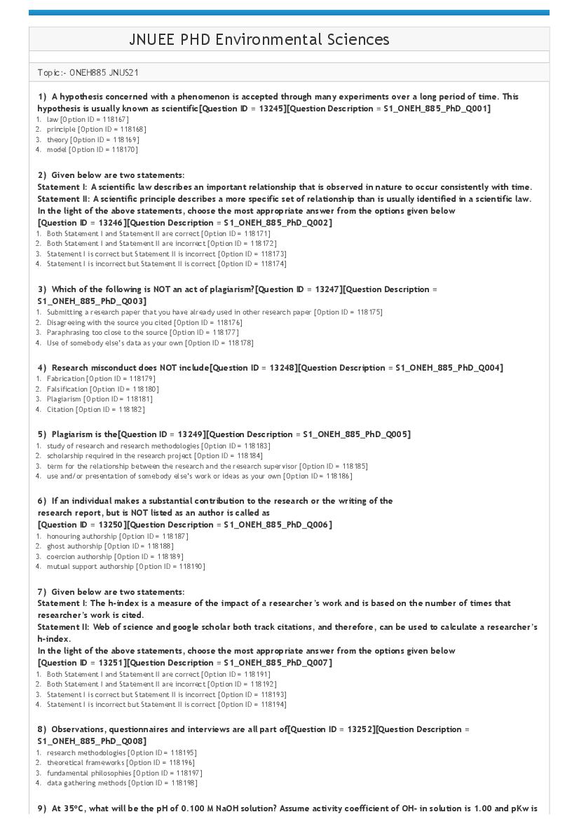 JNUEE 2021 Question Paper Ph.D Environmental Sciences - Page 1