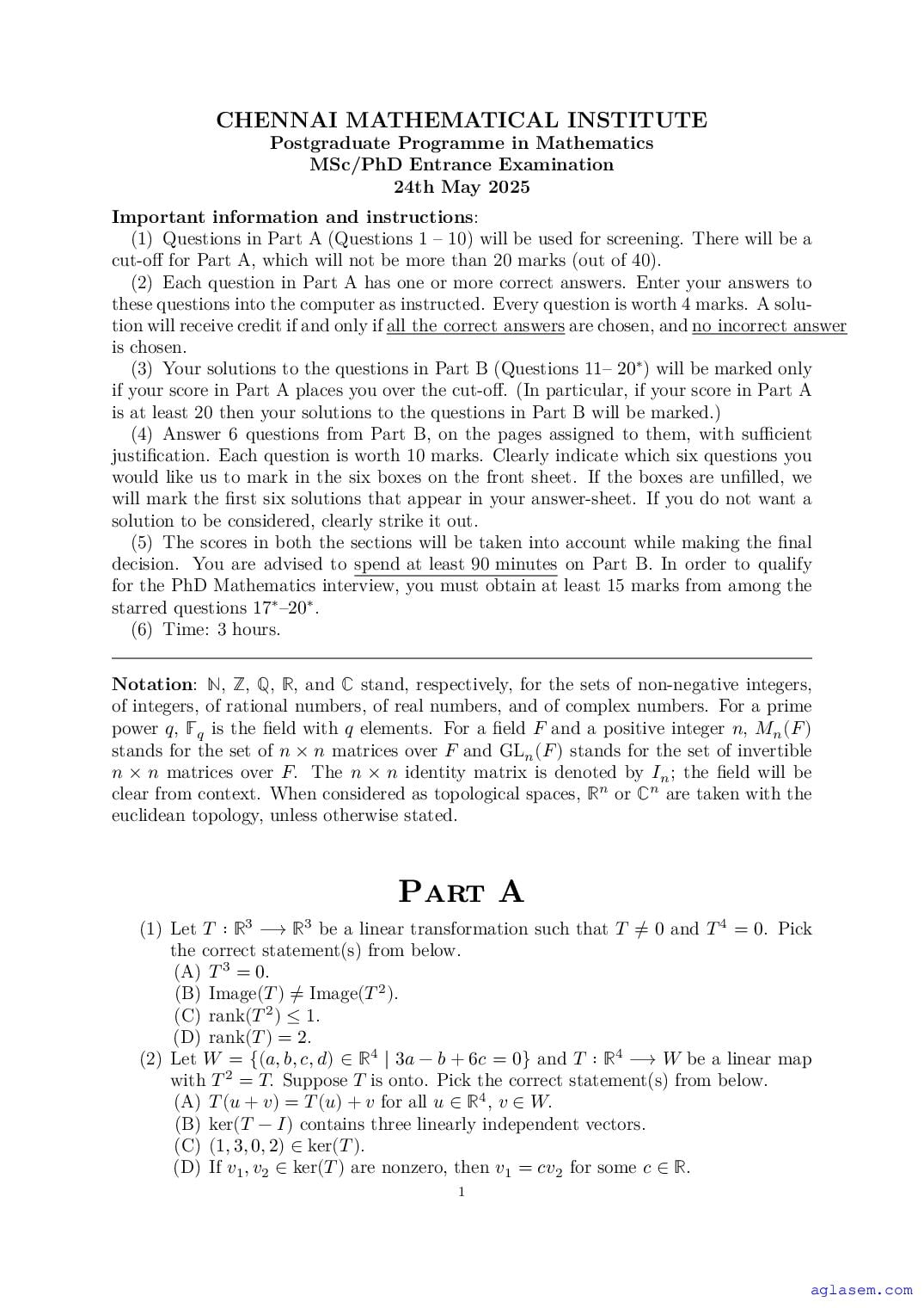 CMI Entrance Exam 2025 Question Paper M.Sc PhD Mathematics - Page 1 of 4