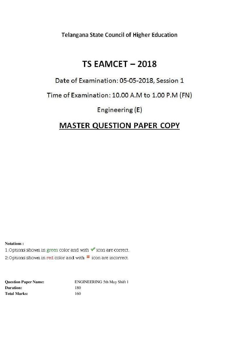 TS EAMCET 2018 Question Paper Engineering 5 May Shift 1 - Page 1