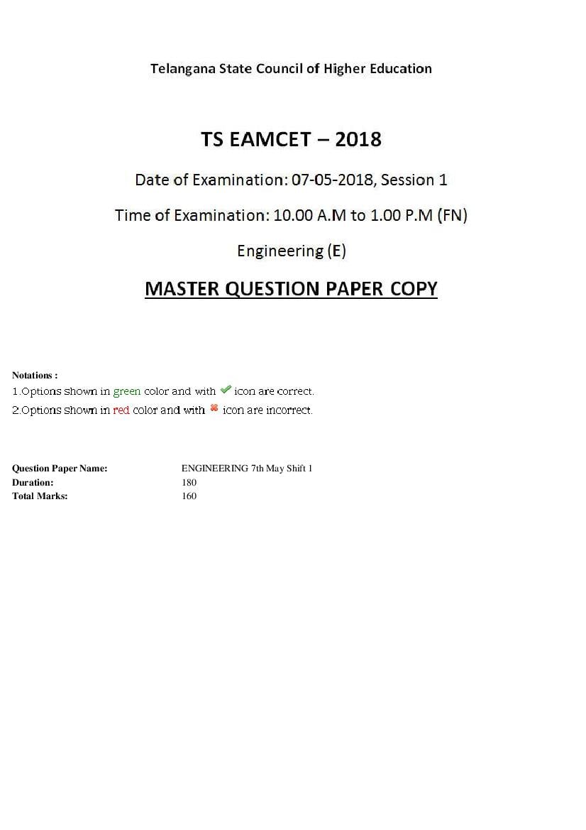 TS EAMCET 2018 Question Paper Engineering 7 May Shift 1 - Page 1