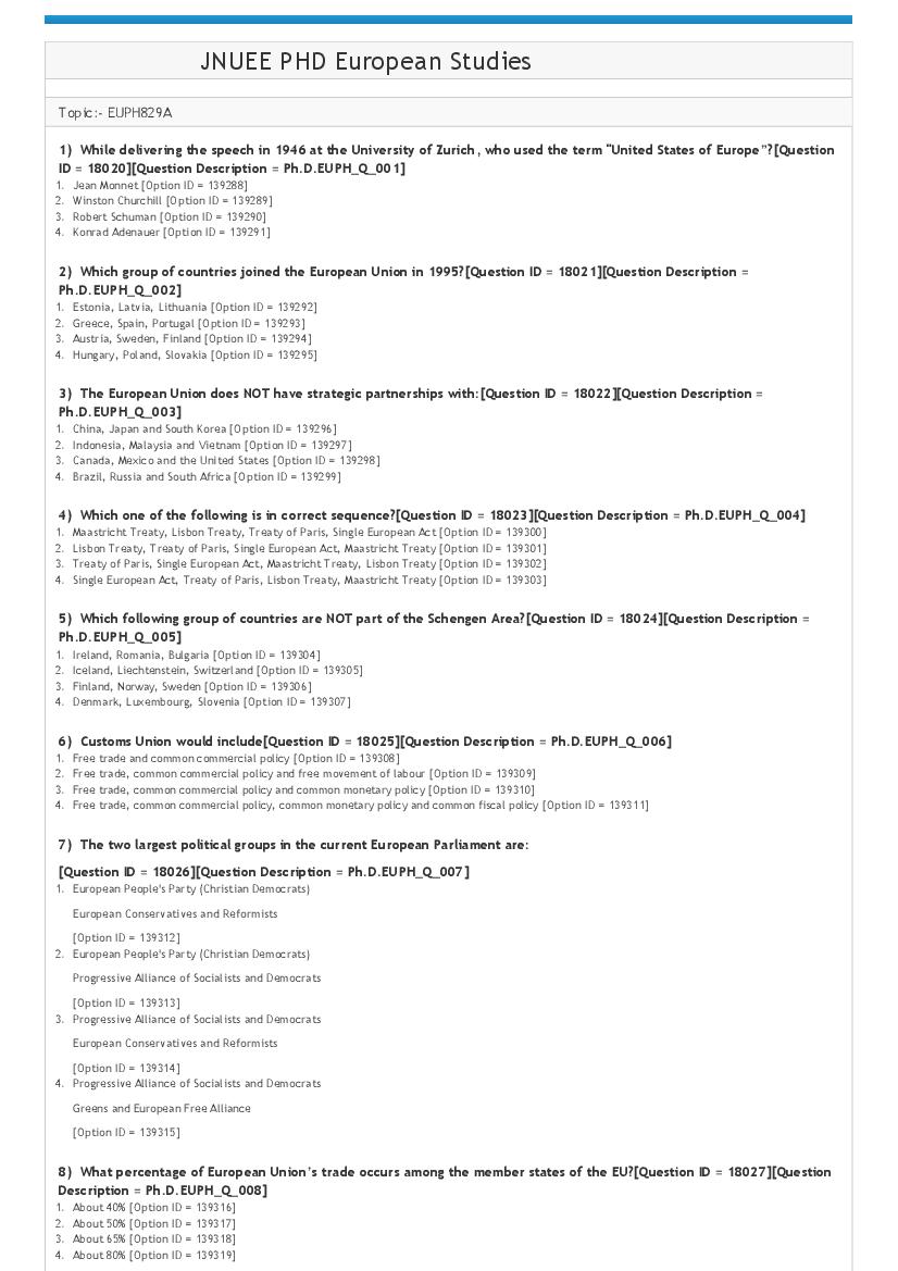 JNUEE 2021 Question Paper Ph.D European Studies - Page 1