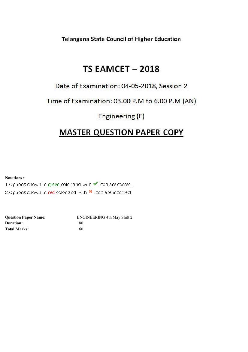 TS EAMCET 2018 Question Paper Engineering 4 May Shift 2 - Page 1