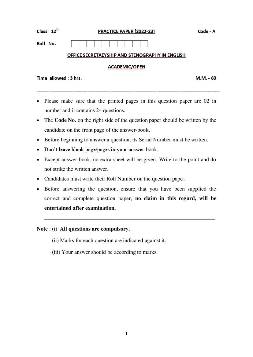 HBSE Class 12 Sample Paper 2023 Oss English Set A - Page 1