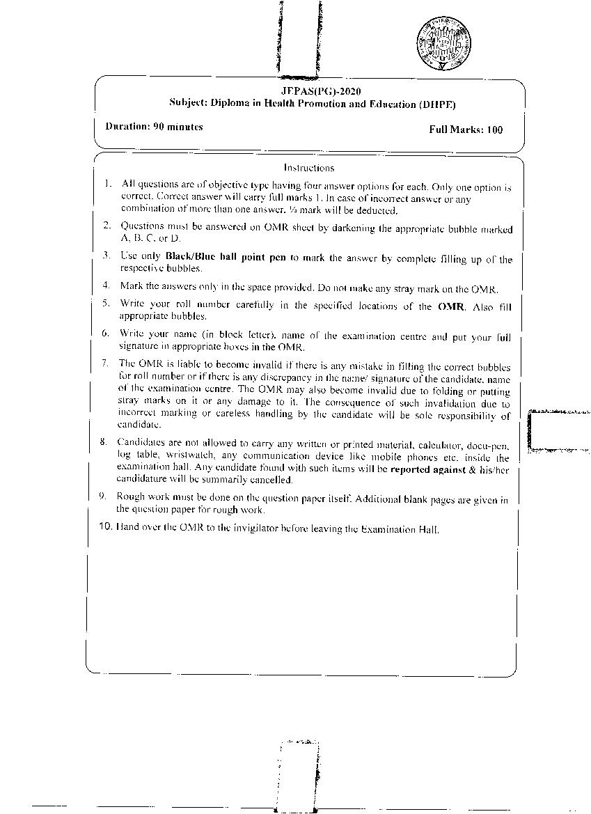 JEMAS PG 2020 Question Paper DHPE - Page 1 of 12
