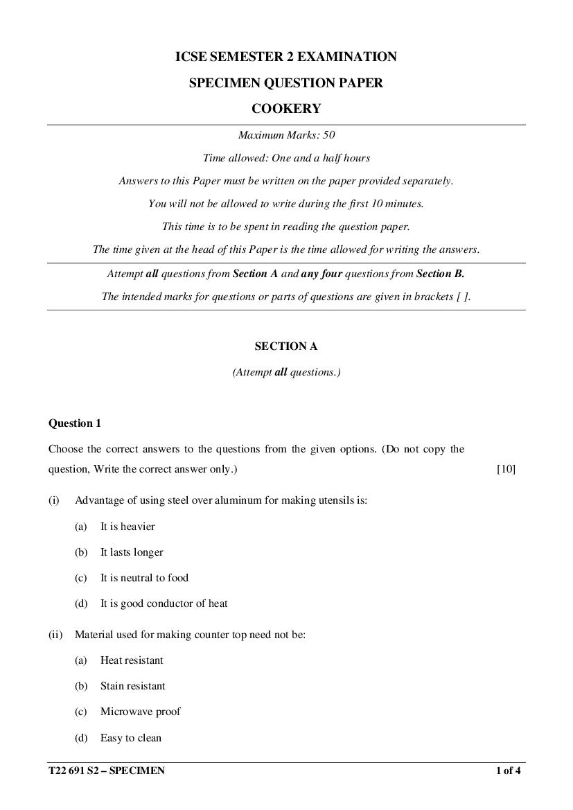 ICSE Class 10 Specimen Paper 2022 Cookery Semester 2 - Page 1
