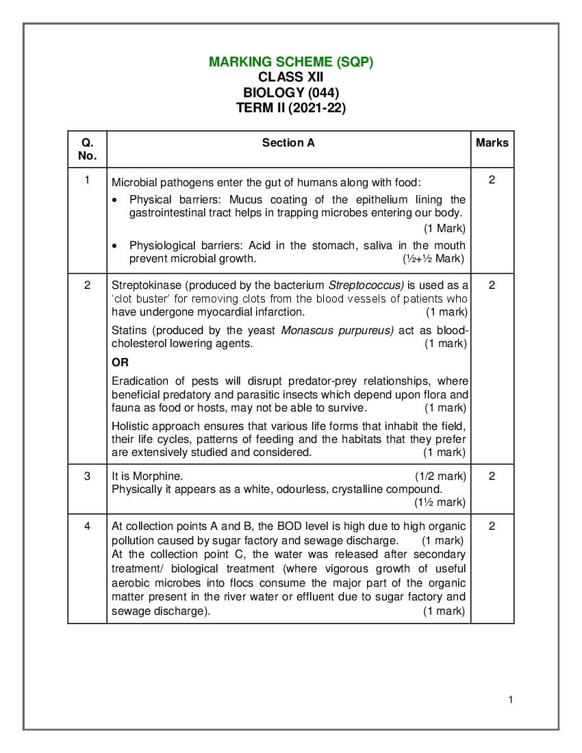 CBSE Class 12 Marking Scheme 2022 for Biology Term 2 - Page 1