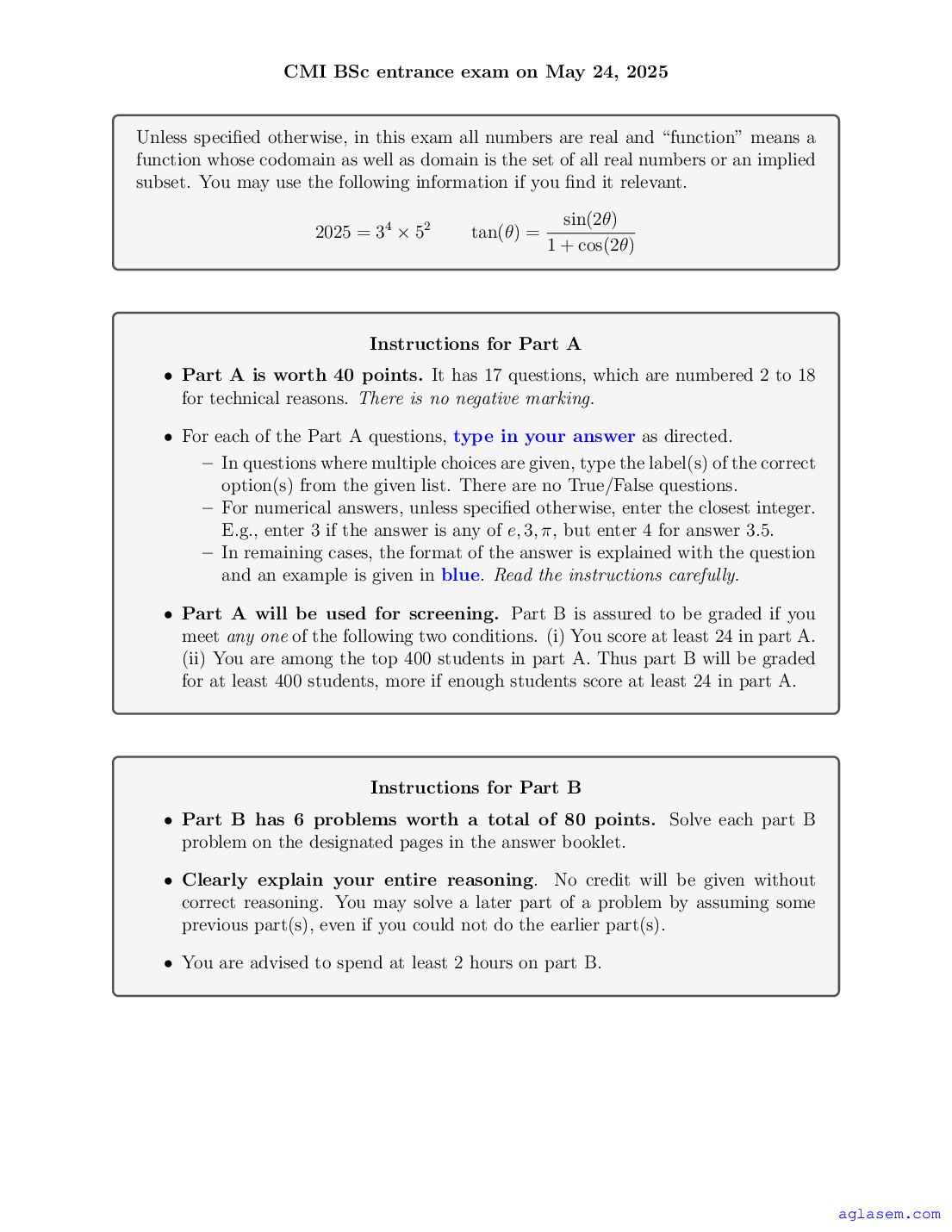 CMI Entrance Exam 2025 Question Paper B.Sc - Page 1 of 8