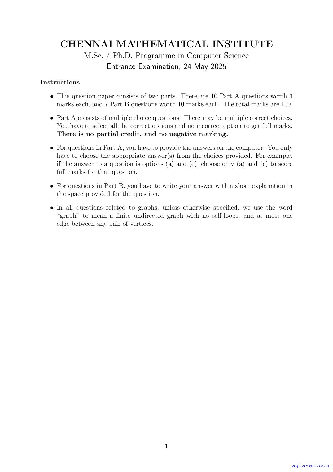 CMI Entrance Exam 2025 Question Paper M.Sc PhD Computer Science - Page 1 of 6