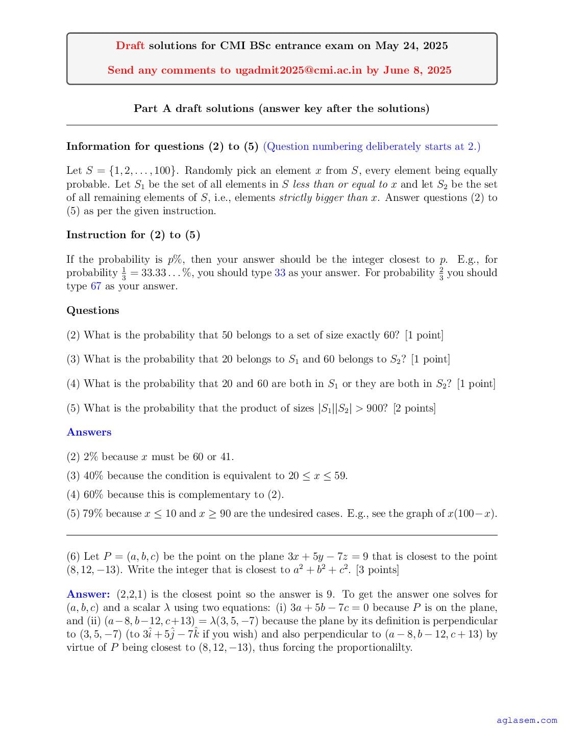 CMI Entrance Exam 2025 Question Paper Solution B.Sc - Page 1 of 18