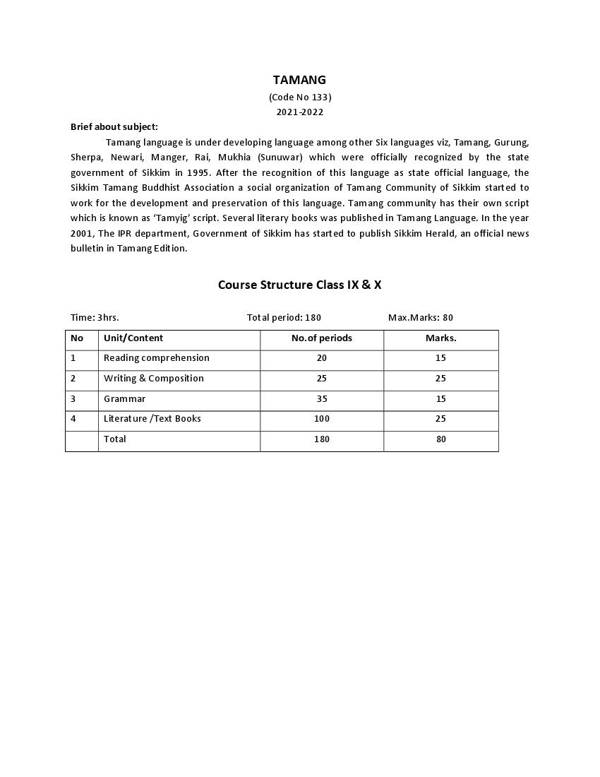 CBSE Class 9 Tamang Syllabus 2021-22 - Page 1