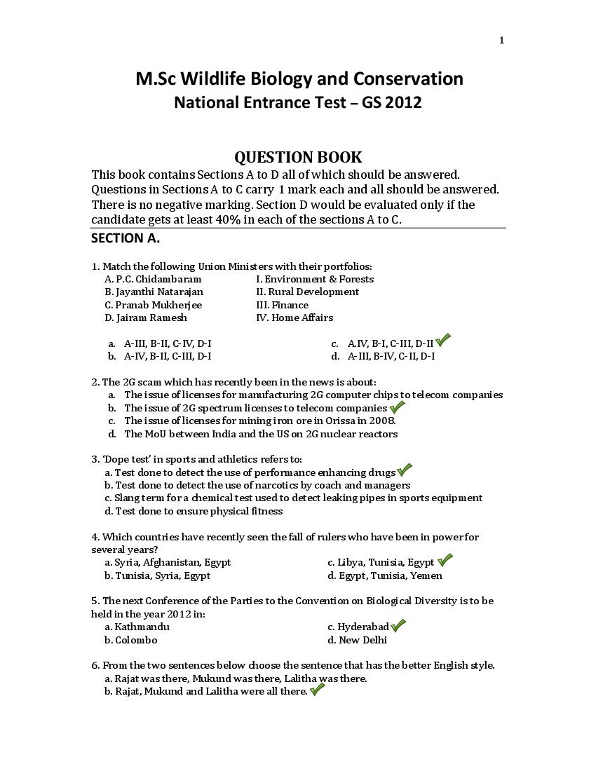 TIFR GS 2012 Question Paper Biology M.Sc Wildlife and Conservation - Page 1 of 14