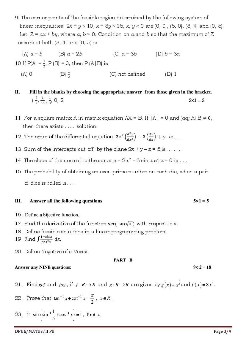 Karnataka 2nd PUC Maths Model Question Paper 2023 (PDF)