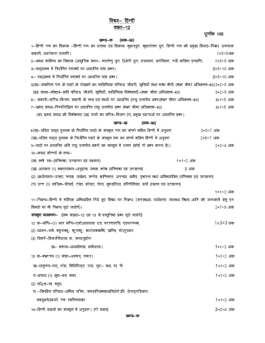 UP Board Class 12 Syllabus 2023 Hindi - Page 1