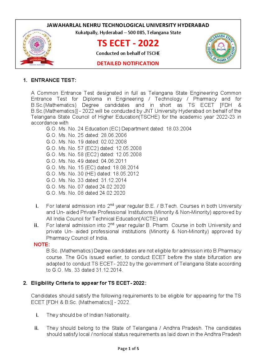 TS ECET 2022 Detailed Notification - Page 1