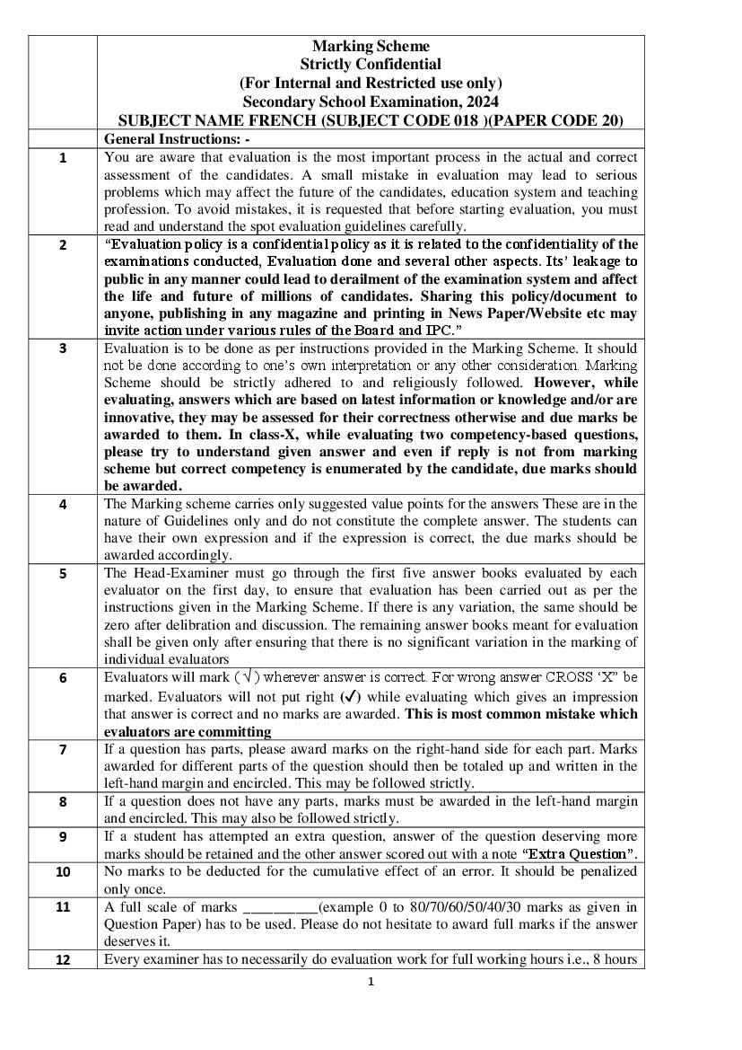 CBSE Class 10 Question Paper 2024 Solution French - Page 1