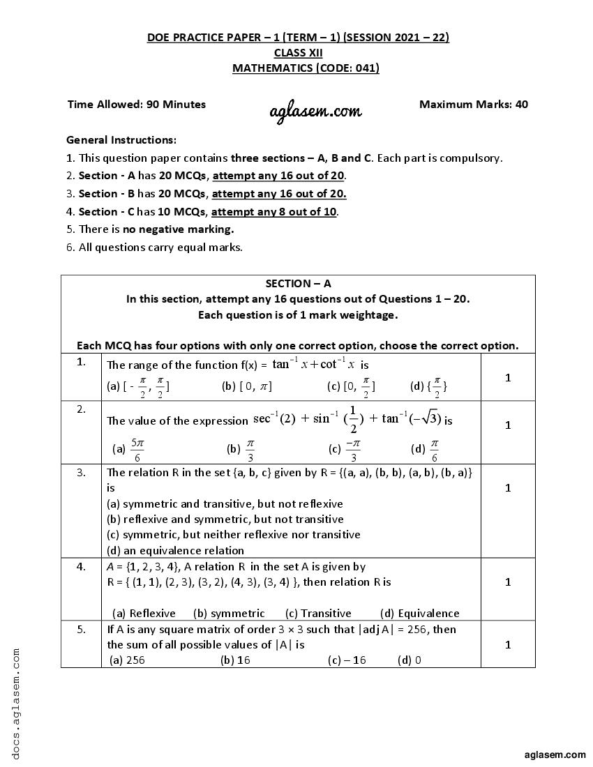 Class 12 Sample Paper 2022 Maths Term 1 - Page 1