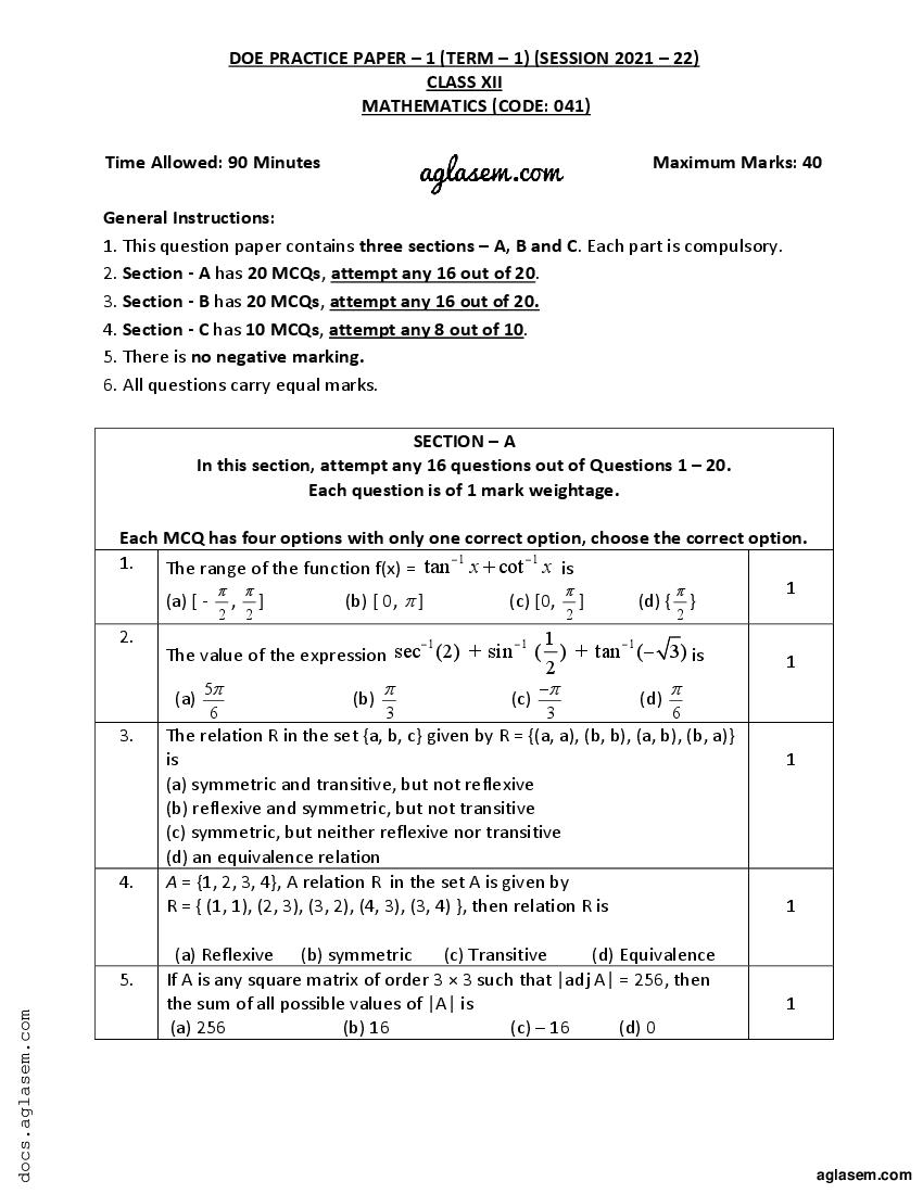 Class 12 Sample Paper 2022 Maths Term 1