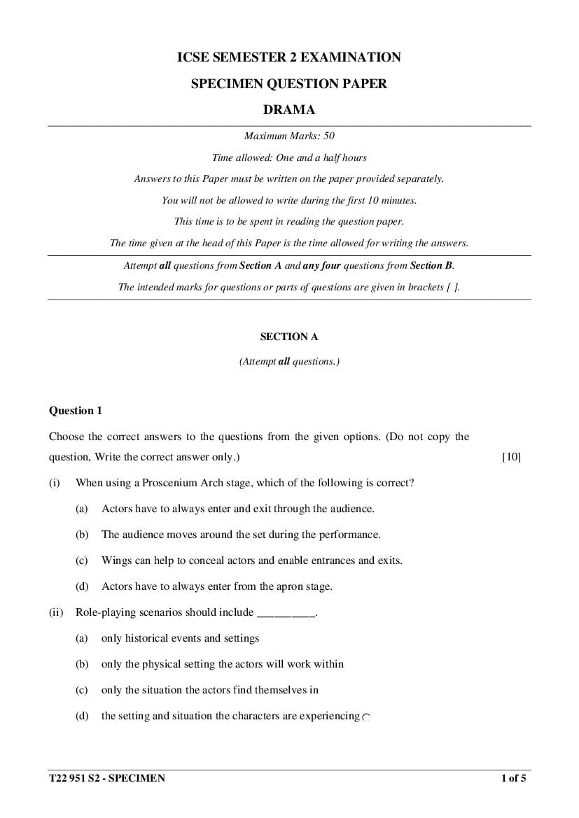 ICSE Class 10 Specimen Paper 2022 Drama Semester 2 - Page 1